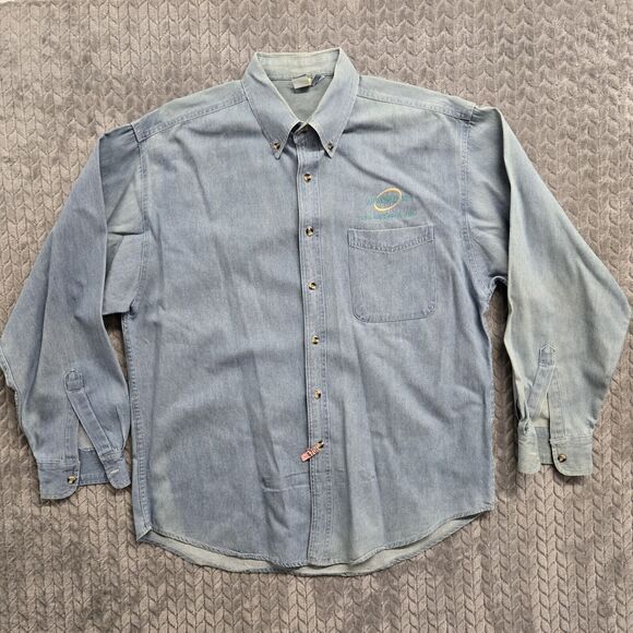 Vintage HP HEWLETT PACKARD HPWORLD '97 Chicago Chambray Shirt Mens Large *flaws* - Picture 1 of 8
